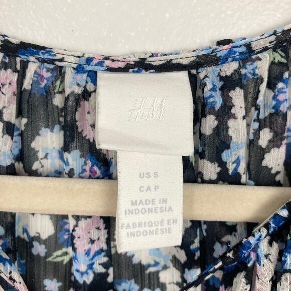 H&M Womens S Oversized Black Ditsy Floral Sheer Chiffon Dress Cottage Milkmaid - Picture 4 of 11